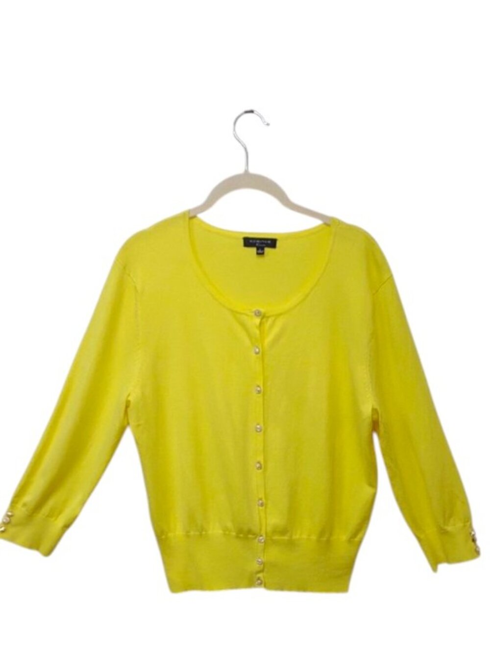 Spence Sunny Yellow Scoop Neck Silvertone Scroll Buttons 3/4 Sleeve Cardigan